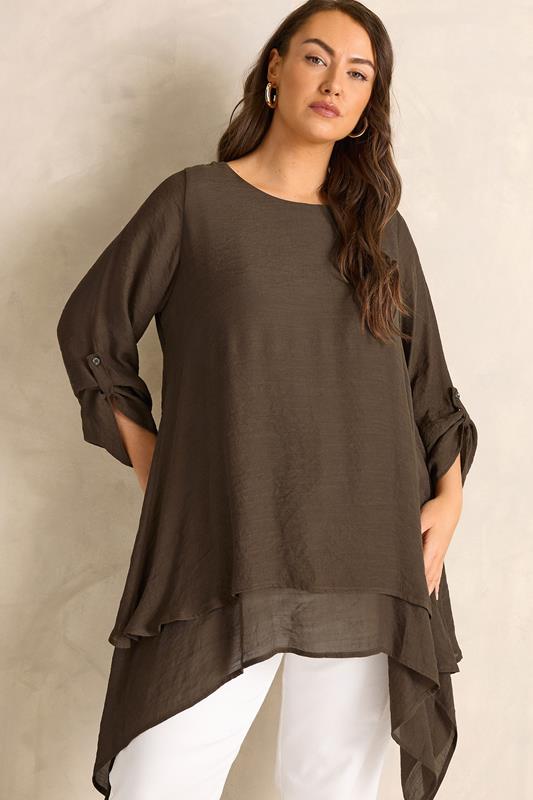 EVANS Curve Chocolate Brown Double Layer Blouse