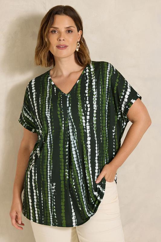EVANS Curve Black & Khaki Tie Dye Swing Top
