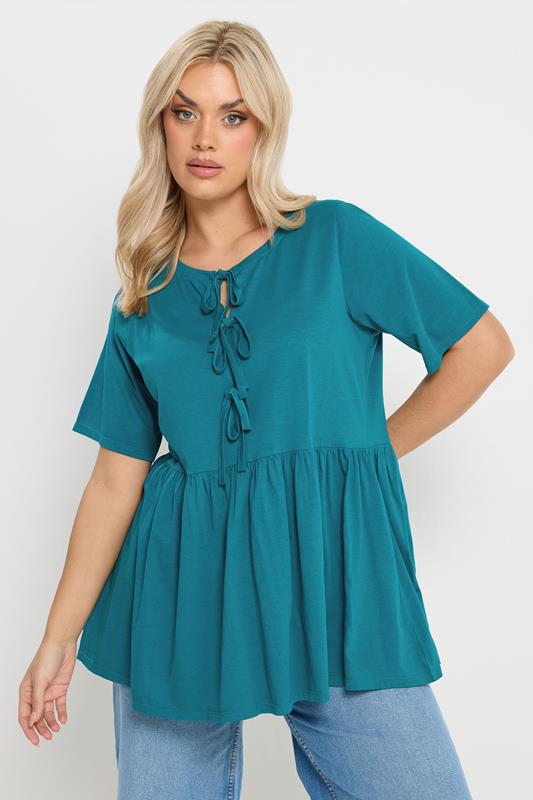 YOURS Plus Size Teal Blue Bow Tie Front Peplum Top | Yours Clothing 1
