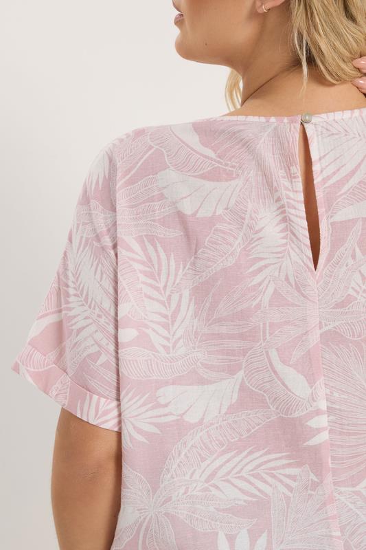 YOURS Plus Size Pink Palm Leaf Linen Boxy T-Shirt | Yours Clothing 5
