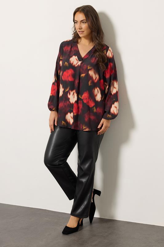 EVANS Plus Size Red Blurred Floral Pleat Front Long Sleeve Blouse | Evans 1