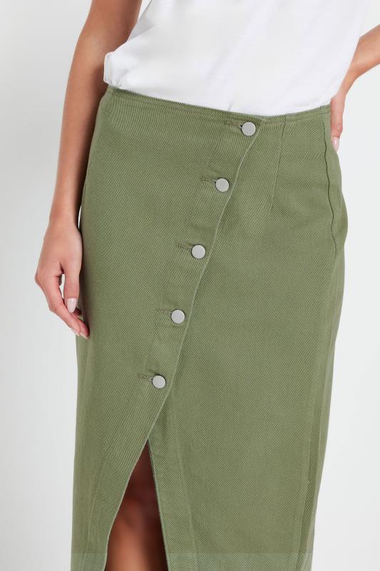 PixieGirl Petite Women's Khaki Green Denim Asymmetric Button Midi Skirt | PixieGirl 5