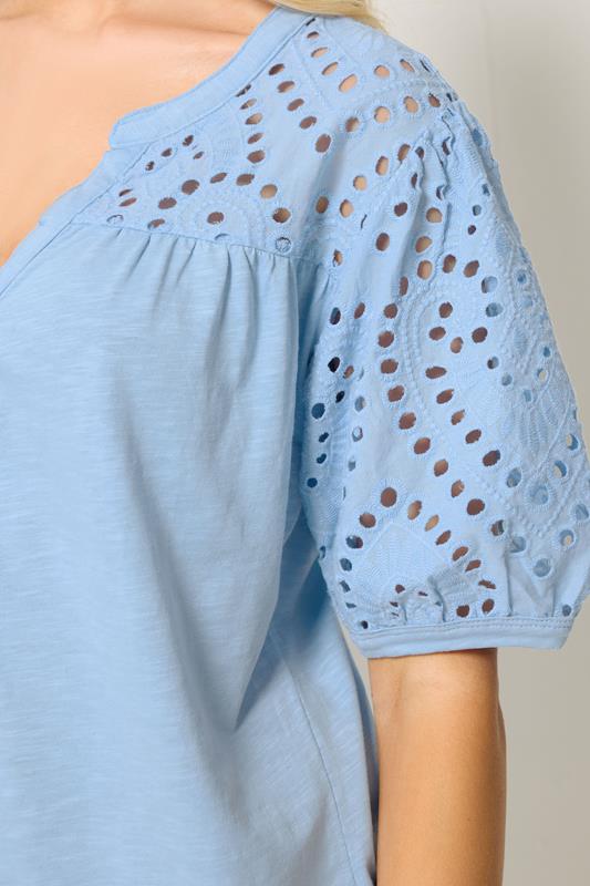 M&Co Light Blue Broderie Cotton Half Placket Top | M&Co 4