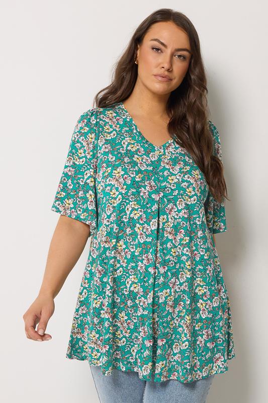 YOURS Curve Green Floral Pleat Front Top