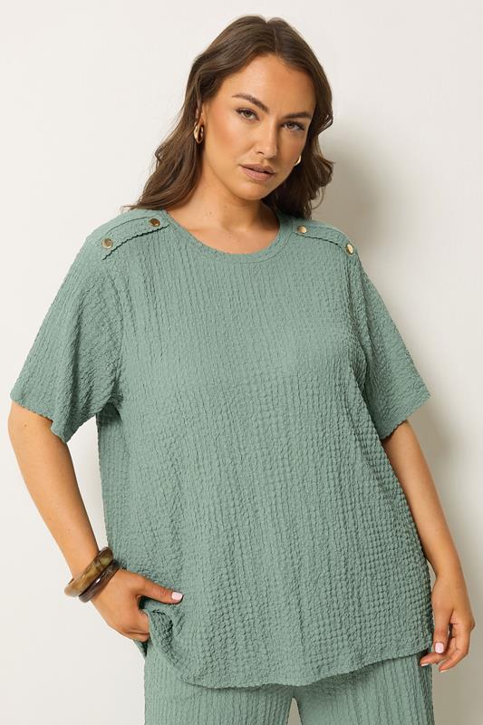 YOURS Curve Sage Green Button Detail Bubble Texture Top