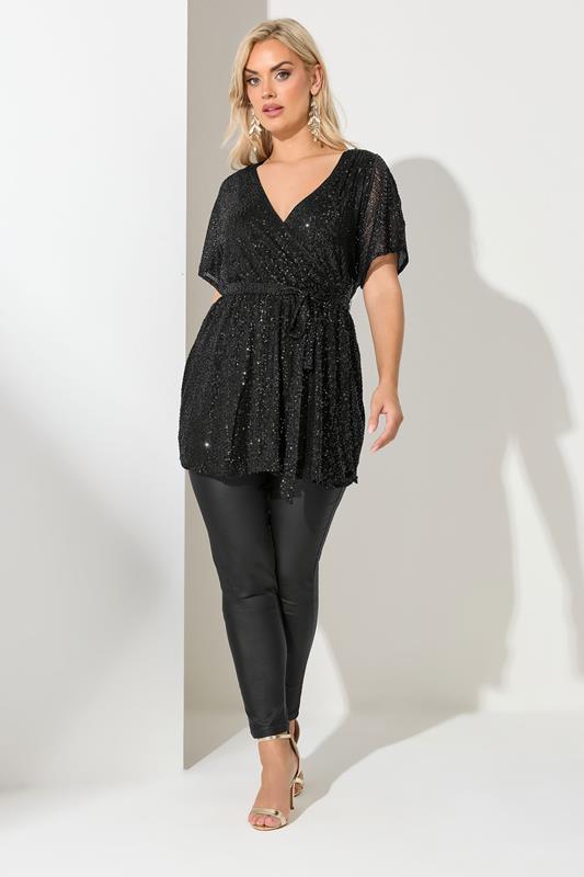 YOURS LONDON Plus Size Black Sequin Wrap Top | Yours Clothing  1