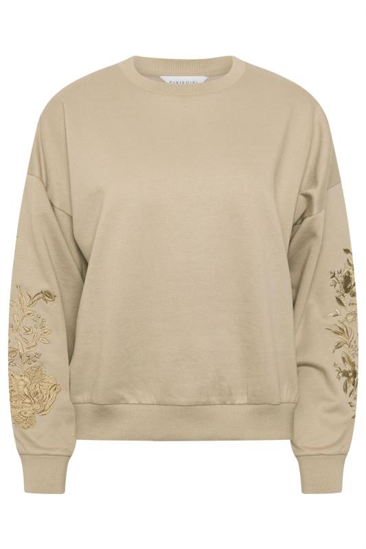 PixieGirl Petite Women's Natural Brown Floral Embroidered Sweatshirt | PixieGirl 7
