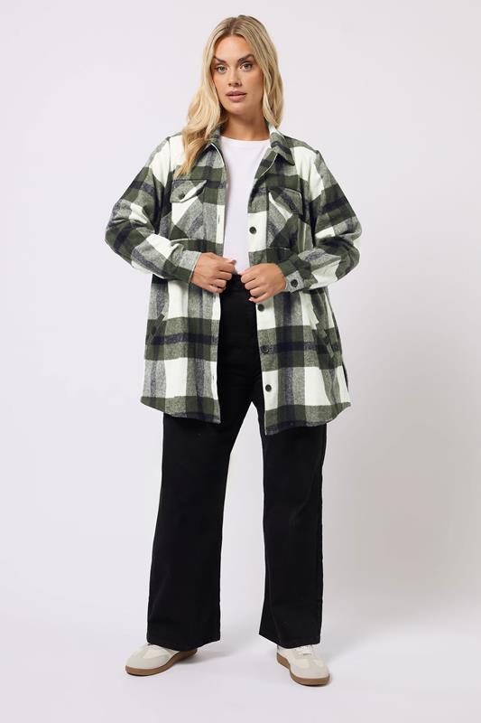 YOURS Plus Size Khaki Green Check Shacket | Yours Clothing 1