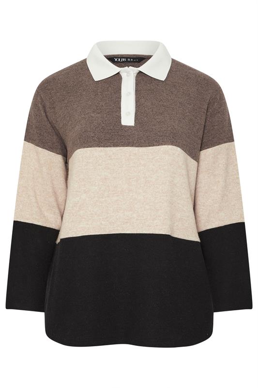 YOURS Plus Size Natural Brown Colourblock Rugby Collar Top | Yours Clothing 6