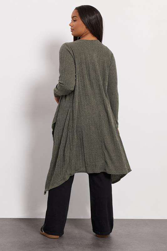YOURS Plus Size Khaki Green Ribbed Midaxi Waterfall Cardigan | Yours Clothing 2