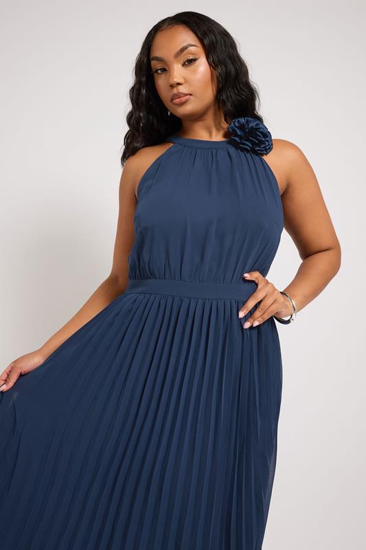 YOURS LONDON Plus Size Navy Blue Corsage Detail Pleated Maxi Dress | Yours Clothing 4