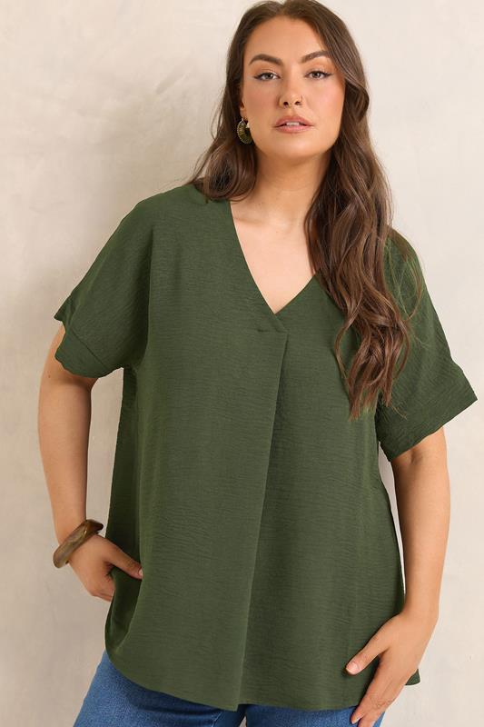 EVANS Curve Olive Green Front Pleat Blouse | Evans 1