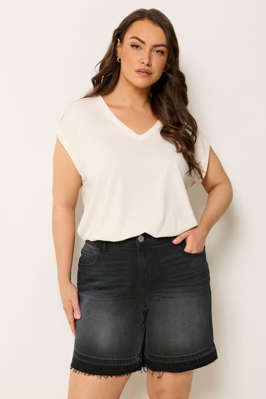 YOURS Curve Black Hem Detail Denim Shorts