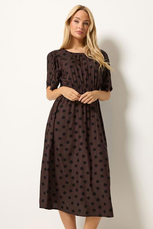  M&Co Brown Polka Dot Tulip Sleeve Dress