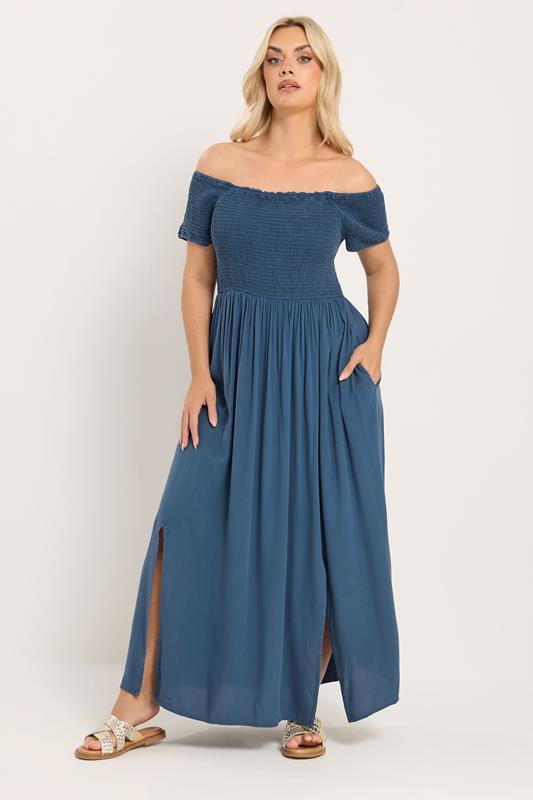 YOURS Curve Blue Chambray Bardot Maxi Dress