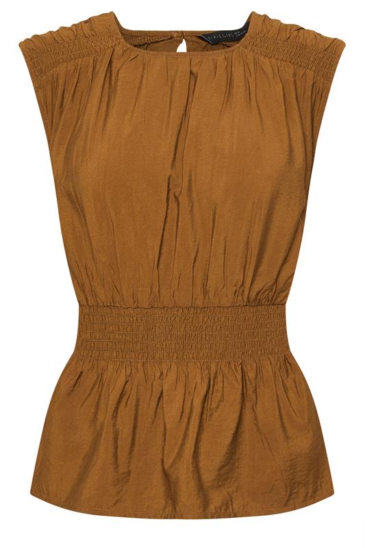 PixieGirl Petite Women's Brown Woven Shirred Waist Top | PixieGirl 7