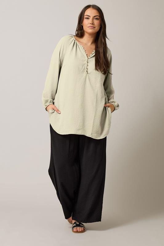 EVANS Plus Size Natural Brown Button Front Long Sleeve Blouse | Evans 1