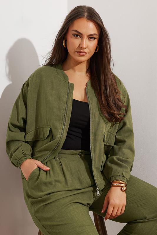 YOURS Plus Size Khaki Green Linen Bomber Jacket | Yours Clothing 1