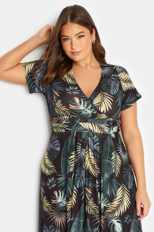 YOURS Curve Plus Size Black Tropical Leaf Print Wrap Dress | Yours Clothing  4