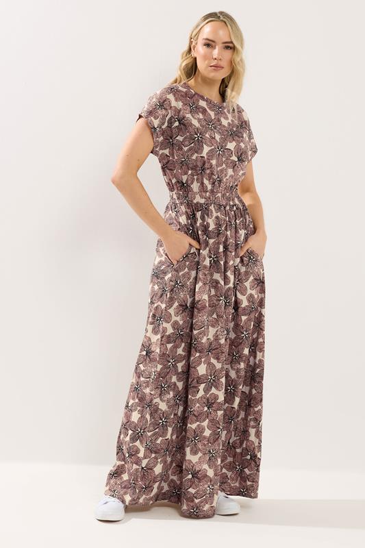 LTS Tall Women's Natural Brown Floral Jersey Shirred Waist Cotton Maxi Dress | Long Tall Sally 1
