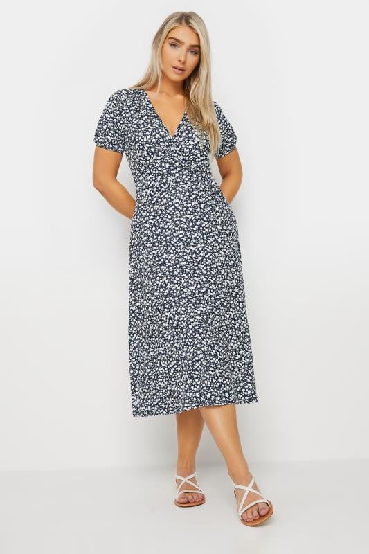 M&Co Navy Blue Ditsy Floral Print Midi Wrap Dress | M&Co 1