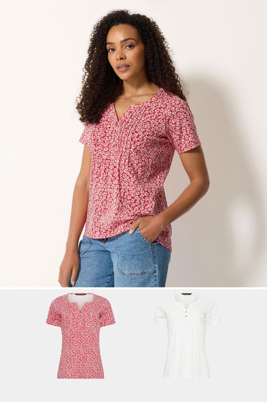  M&Co 2 PACK Red & White Floral Cotton Henley Tops