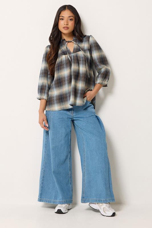 PixieGirl Petite Women's Blue Brushed Check Tie Front Smock Top | PixieGirl 2