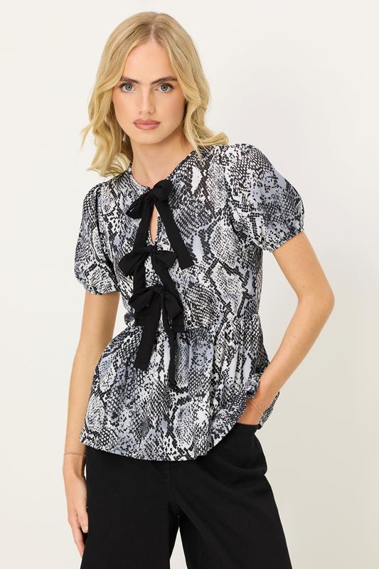 PixieGirl Petite Grey Snake Print Tie Bow Top