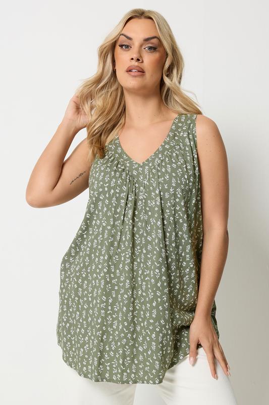 YOURS Curve Olive Green Ditsy Floral Vest Top