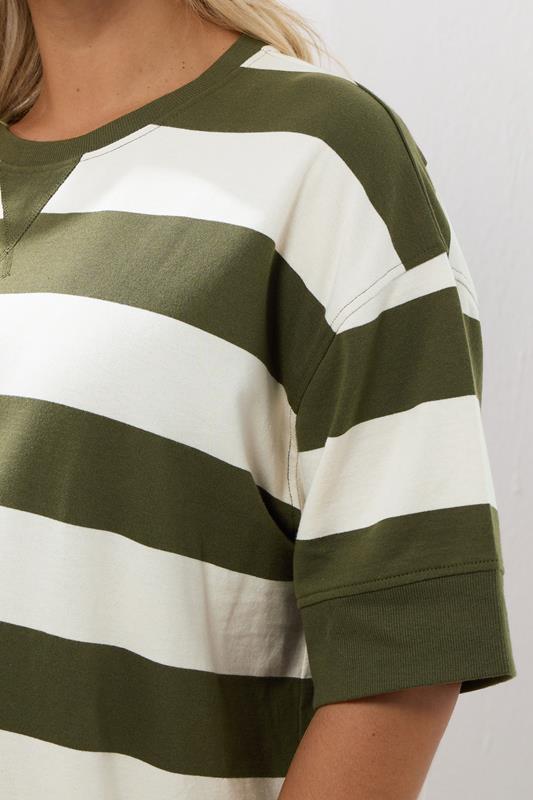 YOURS Plus Size Khaki Green Stripe Heavyweight T-Shirt | Yours Clothing 5