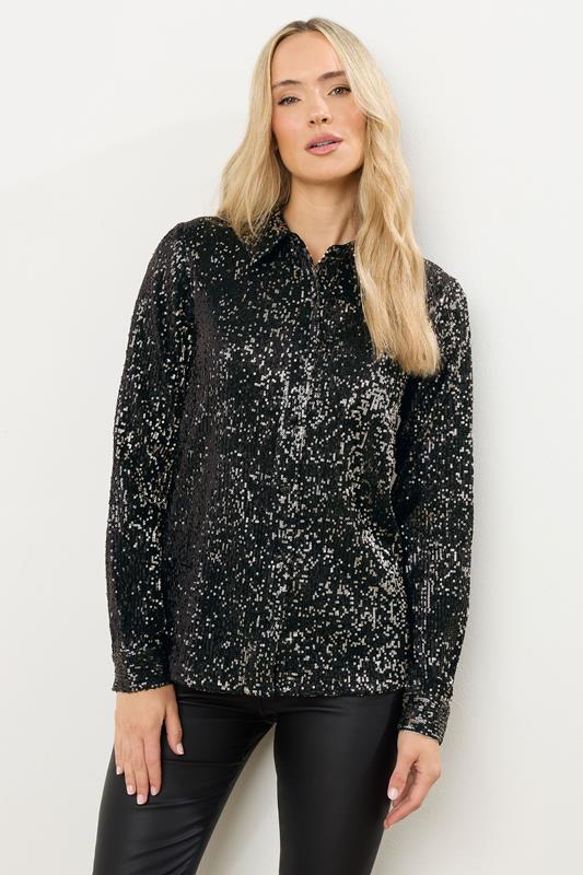 LTS Tall Black & Silver Sequin Embellished Shirt | Long Tall Sally 1