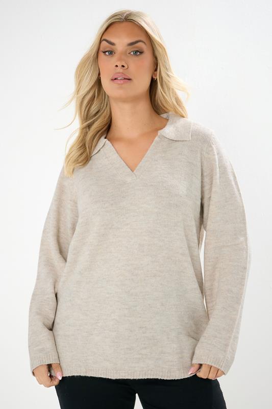 YOURS Curve Natural Brown Collared Knitted Jumper