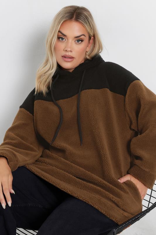 YOURS Plus Size Brown & Black Colourblock Teddy Fleece Hoodie | Yours Clothing  1