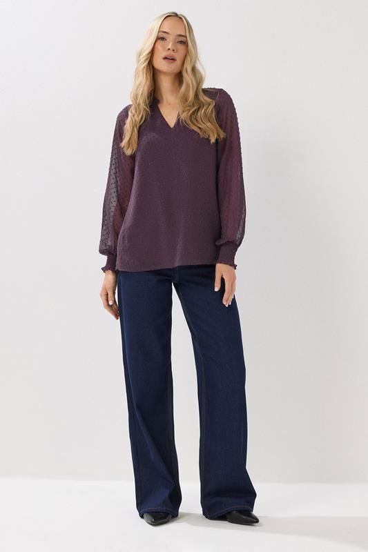 LTS Tall Purple Dobby Spot Shirred Cuff Top | Long Tall Sally 1