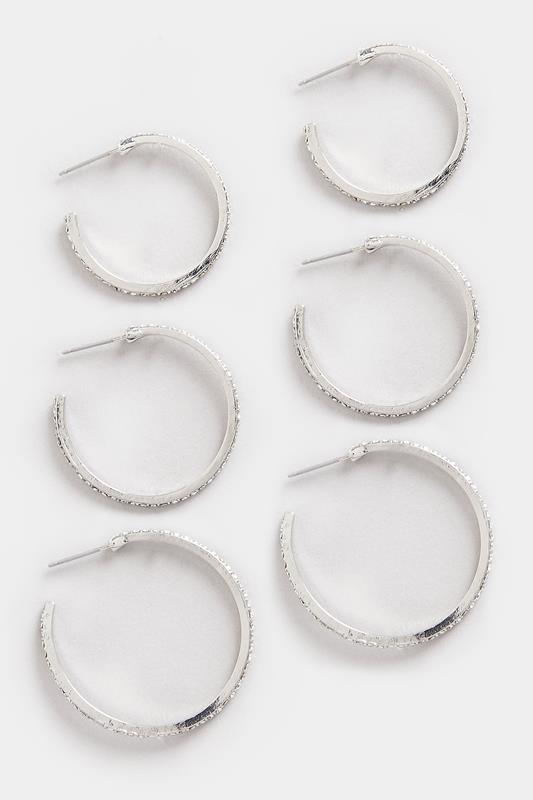 YOURSET 3 PACK Silver Tone Diamante Hoop Earrings Set | Yours Clothing 1