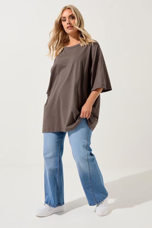YOURS Plus Size Brown Oversized Boxy T-Shirt | Yours Clothing 1