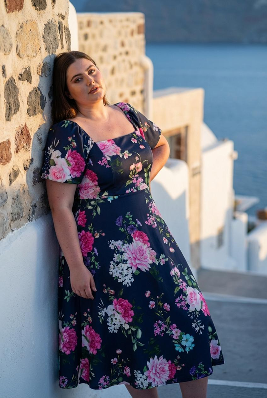 YOURS LONDON Curve Navy Blue Floral Square Neck Dress