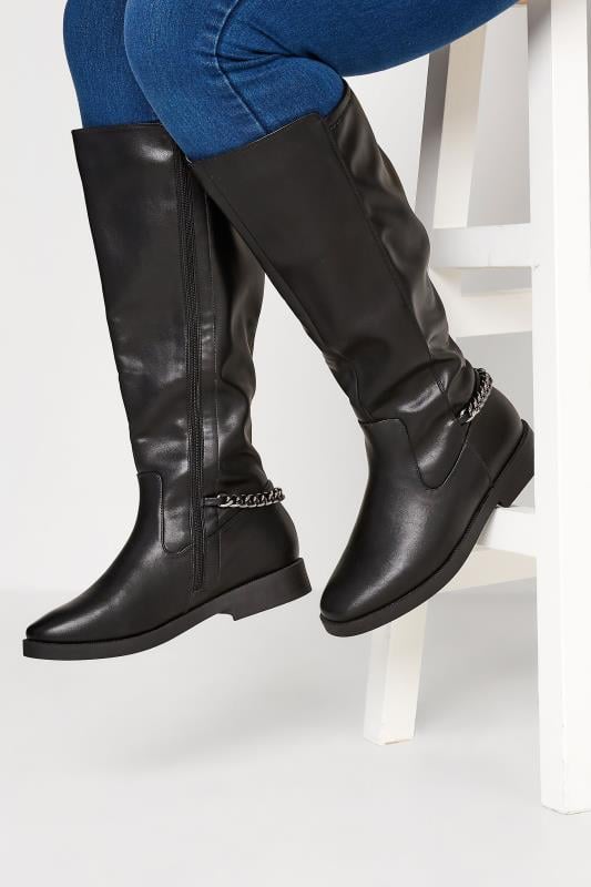 Plus Size  Yours Black Knee High Chain Detail Boots In Wide E Fit & Extra Wide EEE Fit