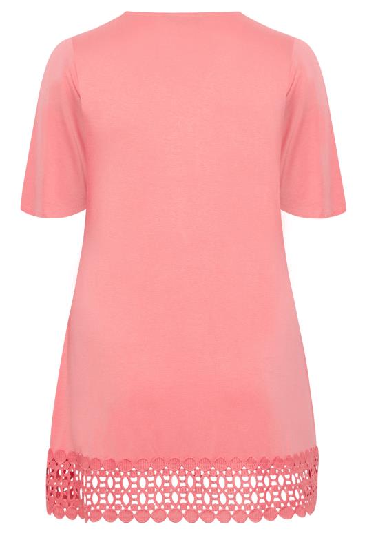 YOURS Plus Size Coral Pink Crochet Trim Peplum Tunic Top | Yours Clothing 7