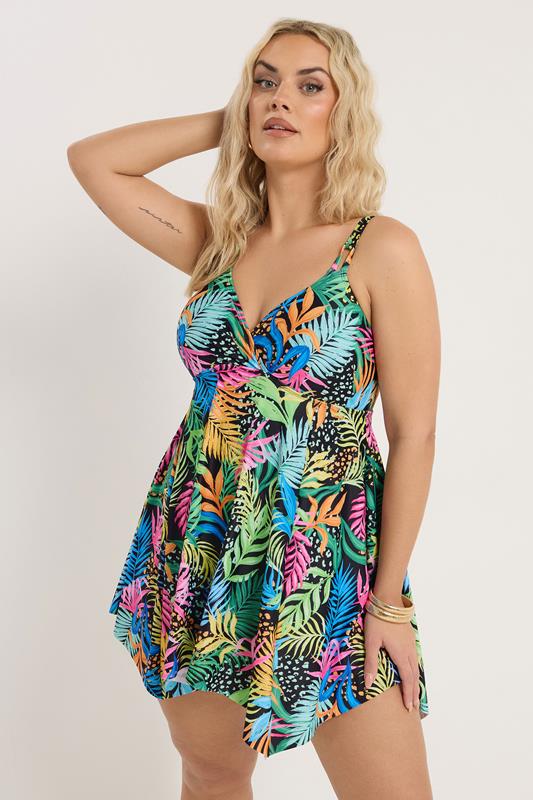 YOURS Curve Black Tropical Print Hanky Hemline Swimdress