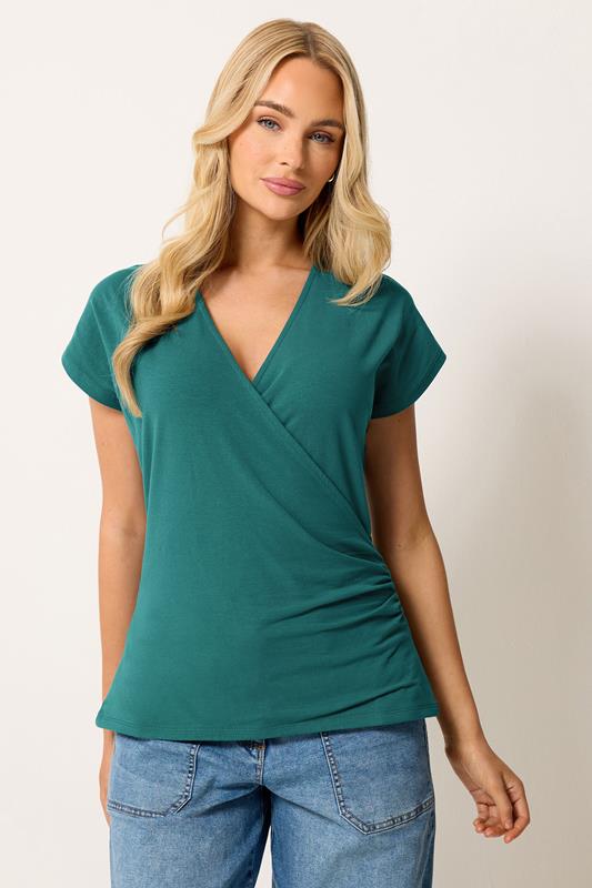  M&Co Teal Grown-On Sleeve Wrap Top