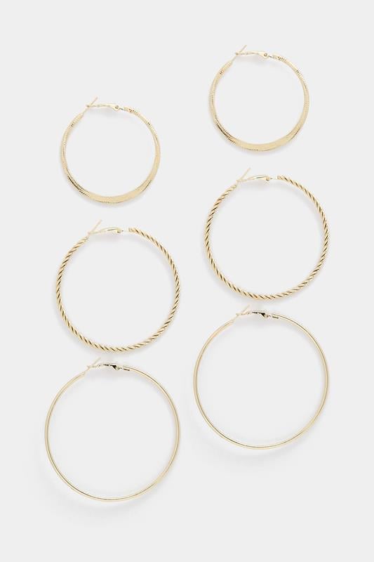 3 PACK Gold Tone Large Hoop Earrings