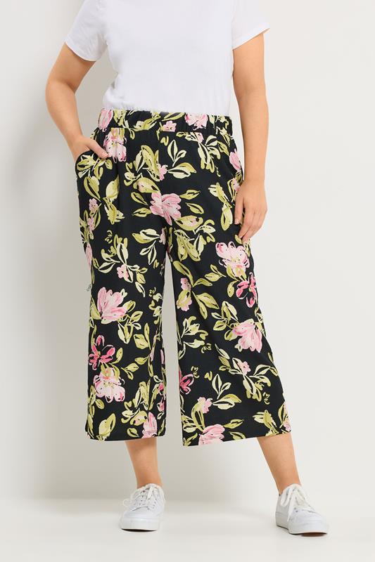 YOURS Curve Black Floral Textured Culottes