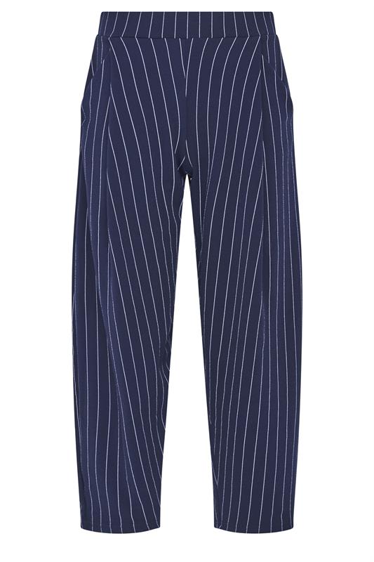 PixieGirl Petite Womens Navy Blue Stripe Barrel Leg Trousers | PixieGirl 5