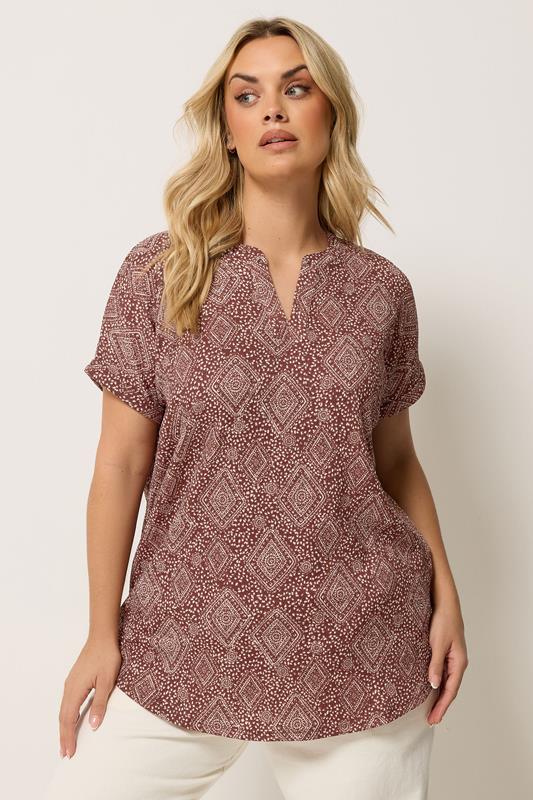 YOURS Curve Burnt Orange Diamond Print Notch Neck Top