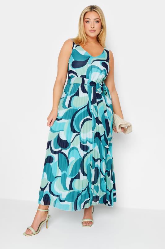 YOURS LONDON Plus Size Blue Abstract Print Pleated Maxi Dress | Yours Clothing 1