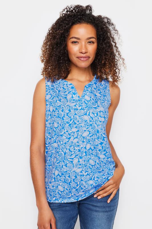 Women's  M&Co Blue Leaf Print Sleeveless Notch Neck Cotton Vest Top
