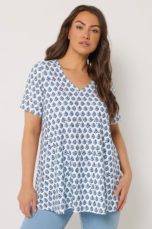 YOURS Curve Blue Floral Print Broderie Anglaise Top