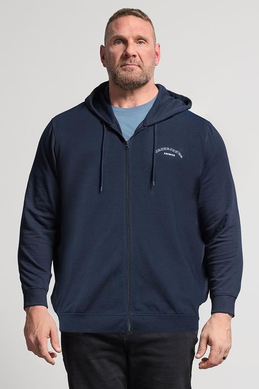 JACK & JONES Big & Tall Navy Blue Zip Through Print Hoodie | BadRhino 1