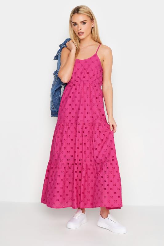 Petite Hot Pink Broderie Strap Maxi Dress | PixieGirl 2